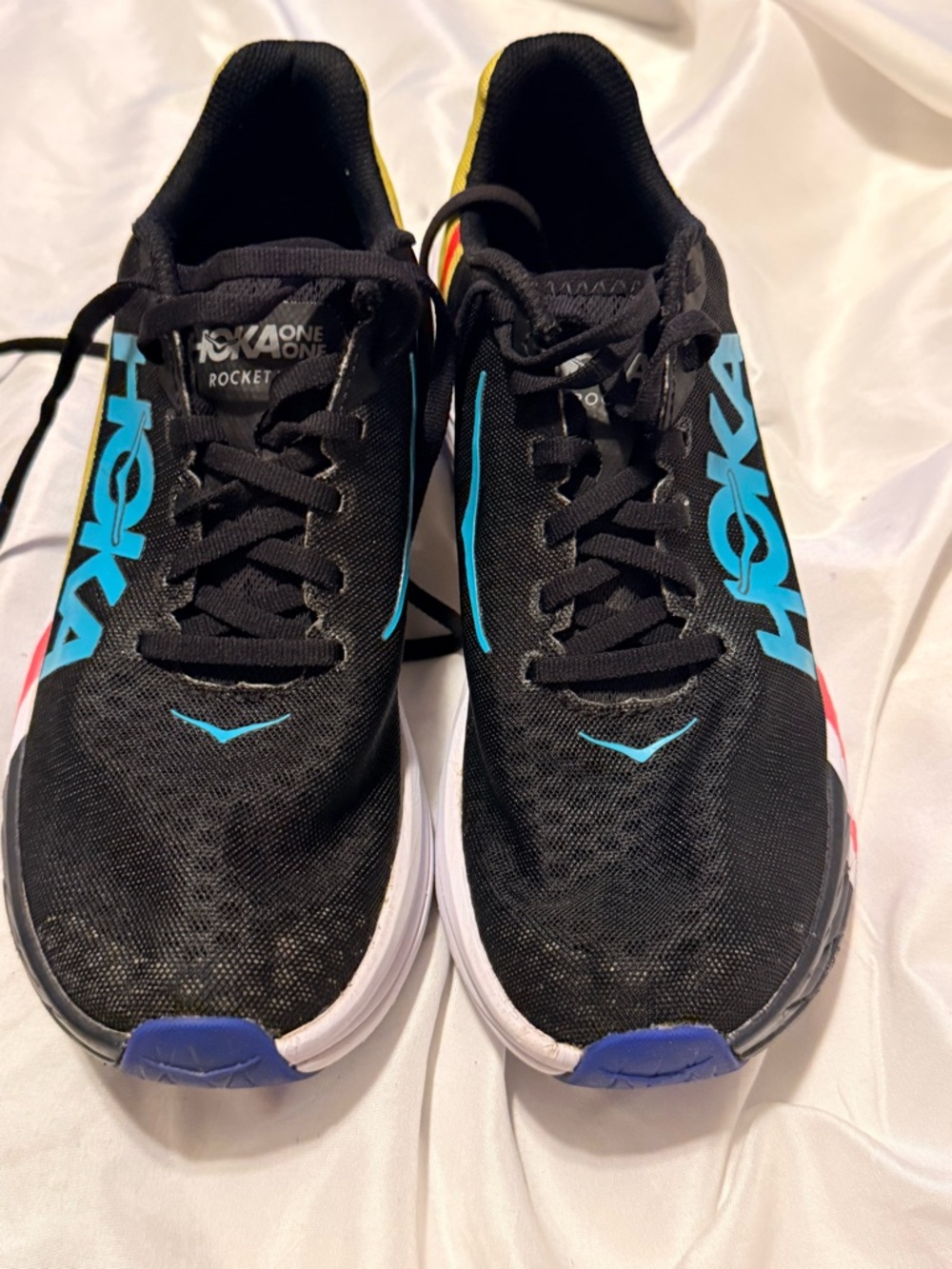 Hoka One One Black Running Shoes with Blue and Yellow Accents men’s size 7.5
